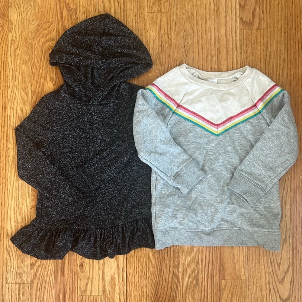Gap Sz 4 lot - Black Soft Knit Ruffle Hoodie & Grey Rainbow Tunic Sweatshirt